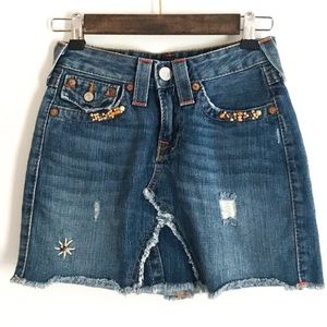 True Religion Beaded Embroidered Blue Jean Skirt